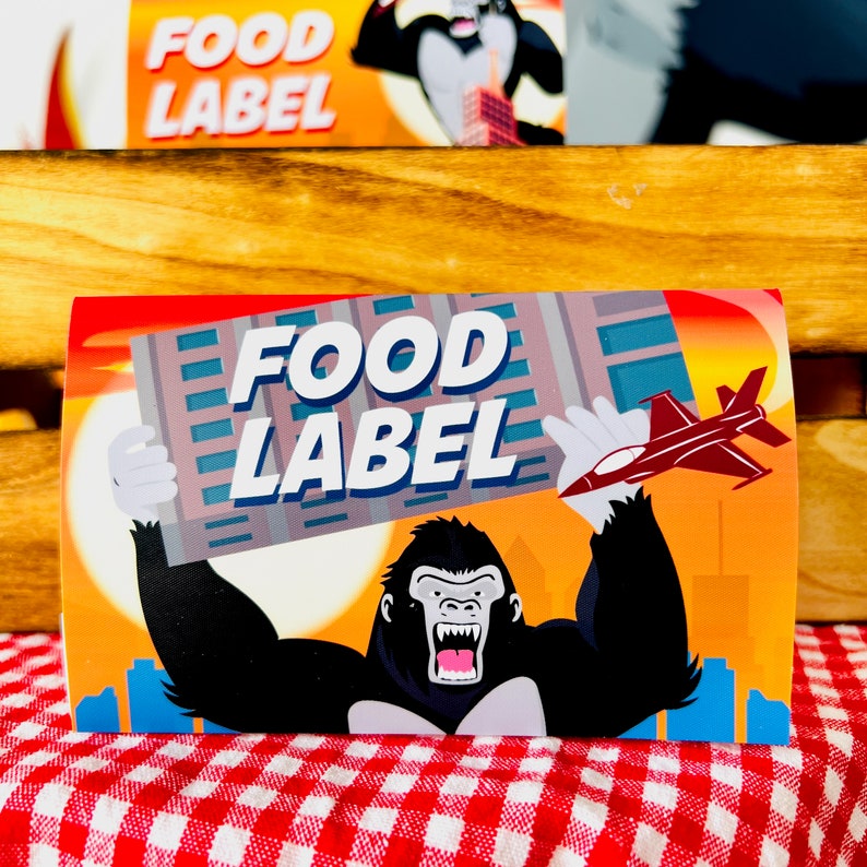 King Kong Party, Planet of the Apes Party, Kong Skull Island Party, Legend of Tarzan, Rampage Movie Party, Black Gorilla Themed Birthday Party Decorations, Kingdom of the Apes | King Kong Party Food Labels, Planet of Apes Food Tent Cards