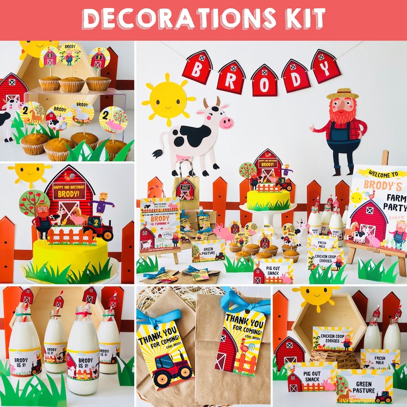 Op de afbeelding: Boerderijthema feestdecoratieset met rode schuren, een koe, een varken, een tractor en een zon. De set bevat een banner met de tekst "Brody" en een welkomstbord met de tekst "Welkom op Brody's boerderijfeest".