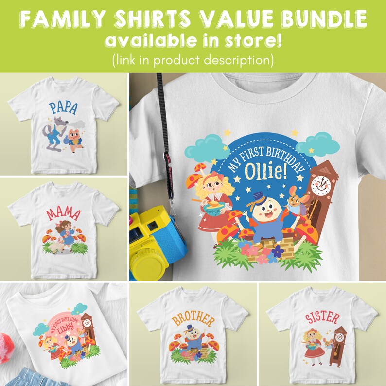 May include: A set of five white t-shirts with colorful illustrations and text. The shirts feature a mushroom theme with a clock tower, a girl in a blue dress, a boy in a blue shirt, and a wolf. The text on the shirts includes "Papa", "Mama", "My First Birthday Ollie!", "First Birthday Libby", "Brother", and "Sister".