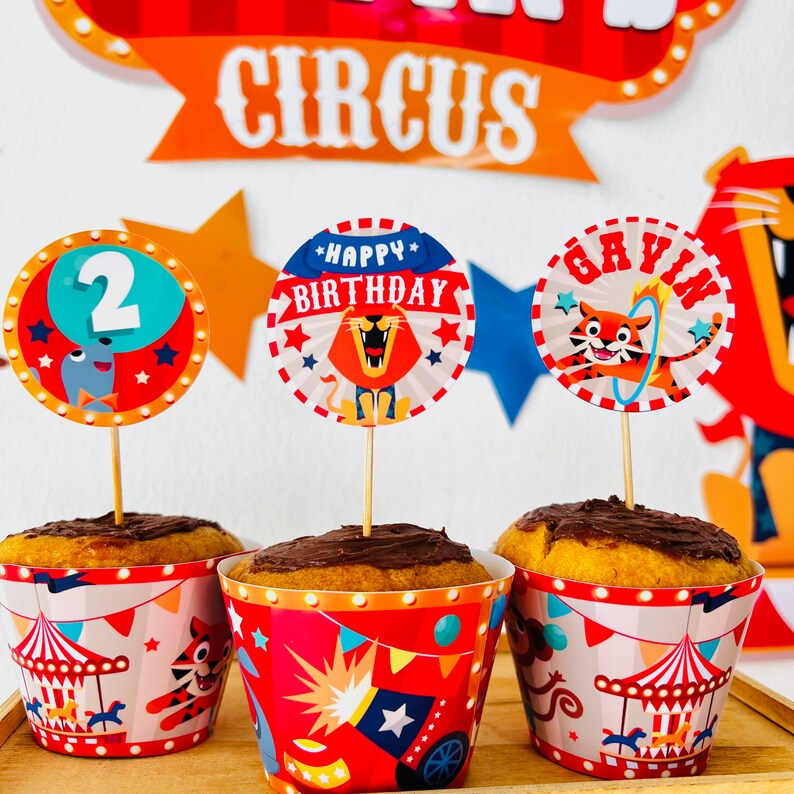 Circus Animals Party Cupcake Toppers Printable | Birthday Carnival Big Top Party Dessert Toppers, Greatest Magic Show Cake Toppers, Greatest Showman Party Decoration