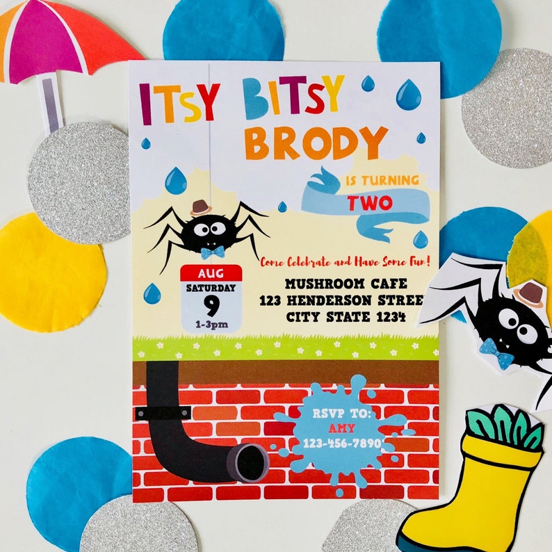 May include: A colorful invitation for a birthday party. The invitation features a cartoon spider with a bow tie and the text "Itsy Bitsy Brody is turning two". The invitation also includes the date, time, and location of the party. The text on the invitation reads: "Come Celebrate and Have Some Fun! Mushroom Cafe 123 Henderson Street City State 1234 RSVP to: Amy 123-456-7890"