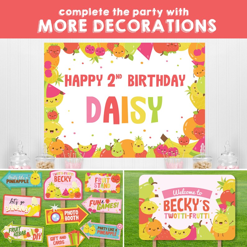May include: A set of colorful fruit-themed party decorations for a 2nd birthday party. The decorations include a large banner with the text "Happy 2nd Birthday Daisy", several signs with fruit-themed designs and text, and a photo booth backdrop. The decorations are perfect for a fun and festive party.