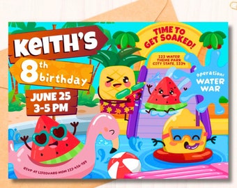 May include: A colorful birthday party invitation with a water park theme. The invitation features cartoon illustrations of a pineapple, watermelon, and lemon enjoying water activities. Text includes "Keith's 8th birthday" and event details.