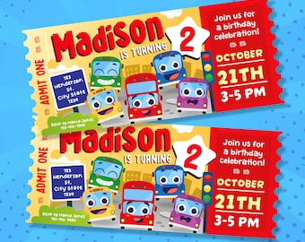 Peut inclure: Une invitation de fête d'anniversaire en forme de billet jaune et rouge. L'invitation indique "Madison a 2 ans" et comprend une image de bus de dessin animé. La fête a lieu le 21 octobre de 15h à 17h.