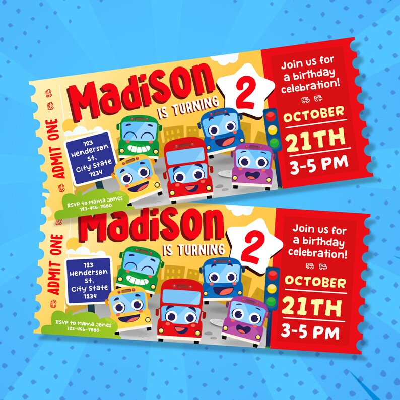 Wheels on the Bus Birthday EDITABLE Ticket Invitation/ Bus Themed Party Invite/ School Bus Birthday Party Invitation/ Bus Ticket