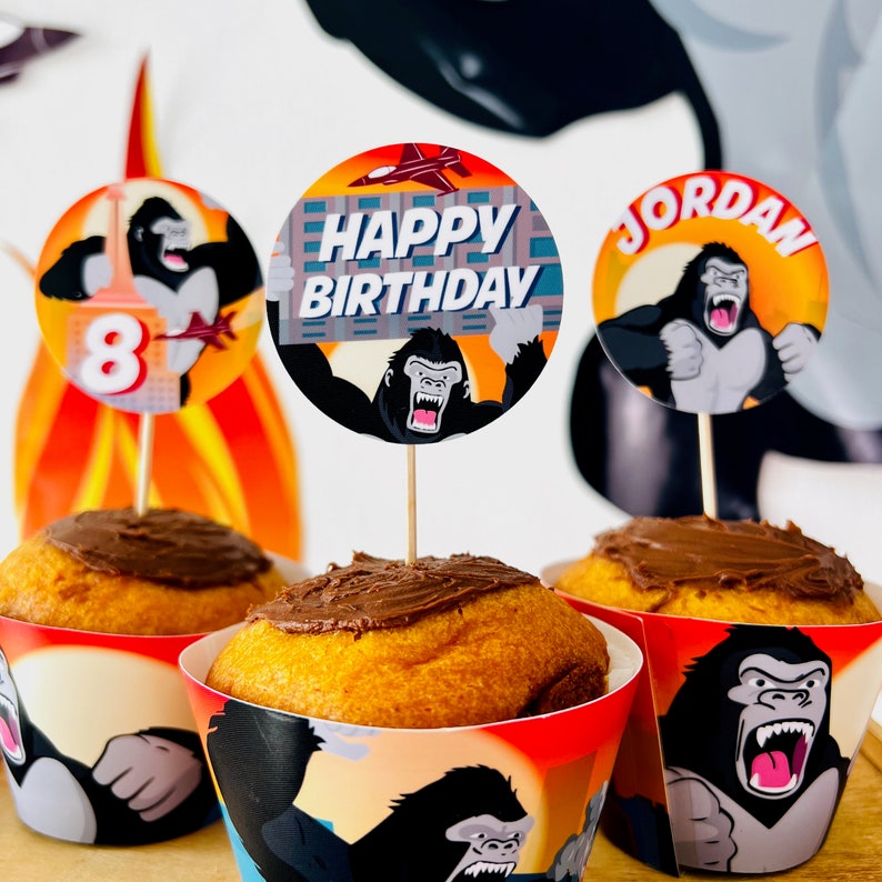 King Kong Party, Planet of the Apes Party, Kong Skull Island Party, Legend of Tarzan, Rampage Movie Party, Black Gorilla Themed Birthday Party Decorations, Kingdom of the Apes | King Kong Birthday Cake, Planet of Apes Cupcake Topper, Dessert Toppers