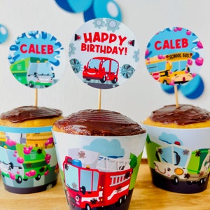 Car Wash Transportation Party Cupcake Toppers/ Carls Car Wash Vehicles Party Decorations