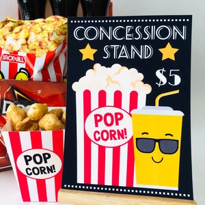 Concession Stand Sign printable with cute popcorn and soda characters for Movie Night Party and Hollywood cinema concession stand decor