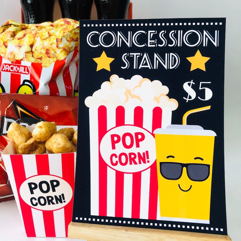 Concession Stand Sign printable with cute popcorn and soda characters for Movie Night Party and Hollywood cinema concession stand decor