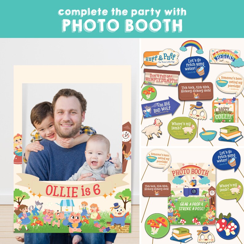 K&ouml;nnte beinhalten: Ein Fotobooth-Hintergrund mit einer farbenfrohen Illustration einer Szene aus dem Kinderbuch "Die drei kleinen Schweinchen". Der Hintergrund ist mit Sternen und dem Text "OLlie is 6" verziert. Es gibt verschiedene Requisiten f&uuml;r den Fotobooth, darunter ein Schild mit der Aufschrift "Let's go fetch some water!" und ein Schild mit der Aufschrift "Where's my lamb?"