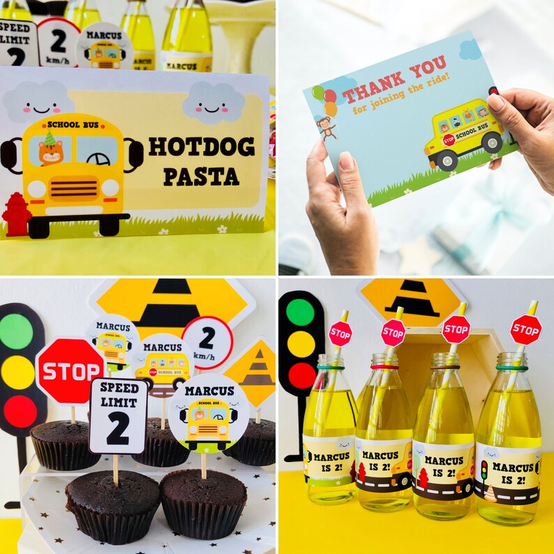 A yellow school bus themed birthday party with decorations including a food tent card that says "Hotdog Pasta", cupcakes with school bus toppers, and bottle labels that say "Marcus is 2!"