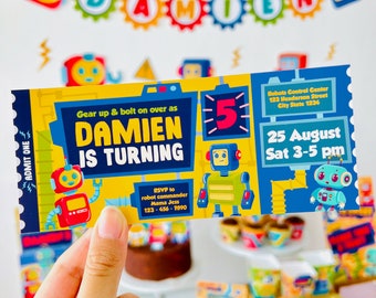 May include: A yellow and blue ticket invitation for a robot-themed birthday party. The ticket says "Gear up & bolt on over as Damien is turning 5". The party is on August 25th from 3-5 pm. The ticket also includes the address for the Robots Control Center.