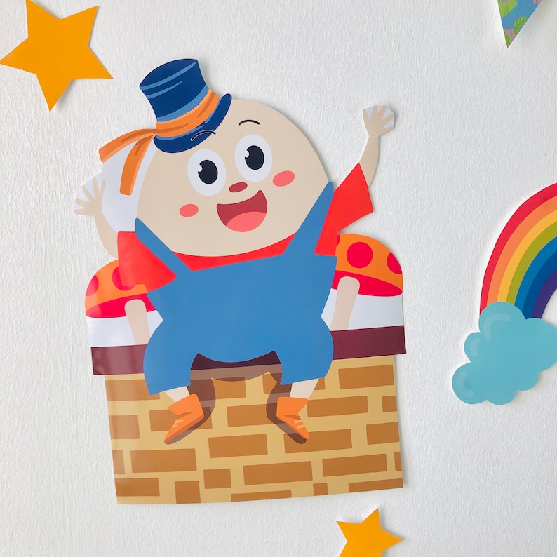K&ouml;nnte beinhalten: Eine Cartoon-Illustration von Humpty Dumpty, der auf einer Ziegelmauer sitzt und einen blauen Overall, ein rotes Hemd und einen schwarzen Hut mit orangefarbenen Details tr&auml;gt. Er l&auml;chelt und hat gro&szlig;e Augen.