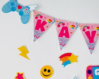Striscione di compleanno per ragazze gamer, striscione rosa per feste di videogiochi (modificabile e stampabile)
