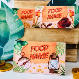 Etiqueta de comida de fiesta de Indiana Jones/ Tienda de comida Adventure Explorer/ Tarjeta de comida temática de la selva editable imprimible