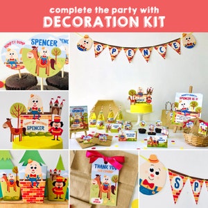 May include: A Humpty Dumpty themed party decoration kit with a banner, cupcake toppers, favor bags, and a cake topper. The kit features a cartoon character of Humpty Dumpty riding a horse. The banner says "Spencer" and the cake topper says "Happy 2nd Birthday Spencer".
