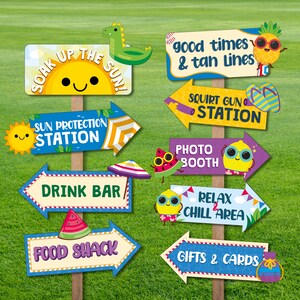 Summer Pool Party Directional Signs Party Decorations/ Water Slide Beach Birthday Party Signs/ Beach Party Decorations