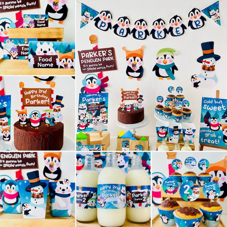 Pode incluir: Um conjunto de festa de anivers&aacute;rio com tema de pinguim com decora&ccedil;&otilde;es, bolo, cupcakes e garrafas de leite. As decora&ccedil;&otilde;es incluem uma faixa que diz "Parker", uma placa que diz "Parker's Penguin Park" e uma placa que diz "Happy 2nd Birthday Parker!" O bolo &eacute; de chocolate com ping&uuml;ins de topo. Os cupcakes s&atilde;o de chocolate com cobertura azul e branca e ping&uuml;ins de topo. As garrafas de leite t&ecirc;m r&oacute;tulos que dizem "Happy 2nd Birthday Parker!" e "Parker turns 2".
