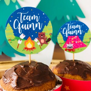 May include: Two chocolate frosted cupcakes with a campfire and a beaver on one cupcake and a tent with a raccoon on the other. The cupcakes are topped with round, blue and green paper circles that say "Team Quinn".
