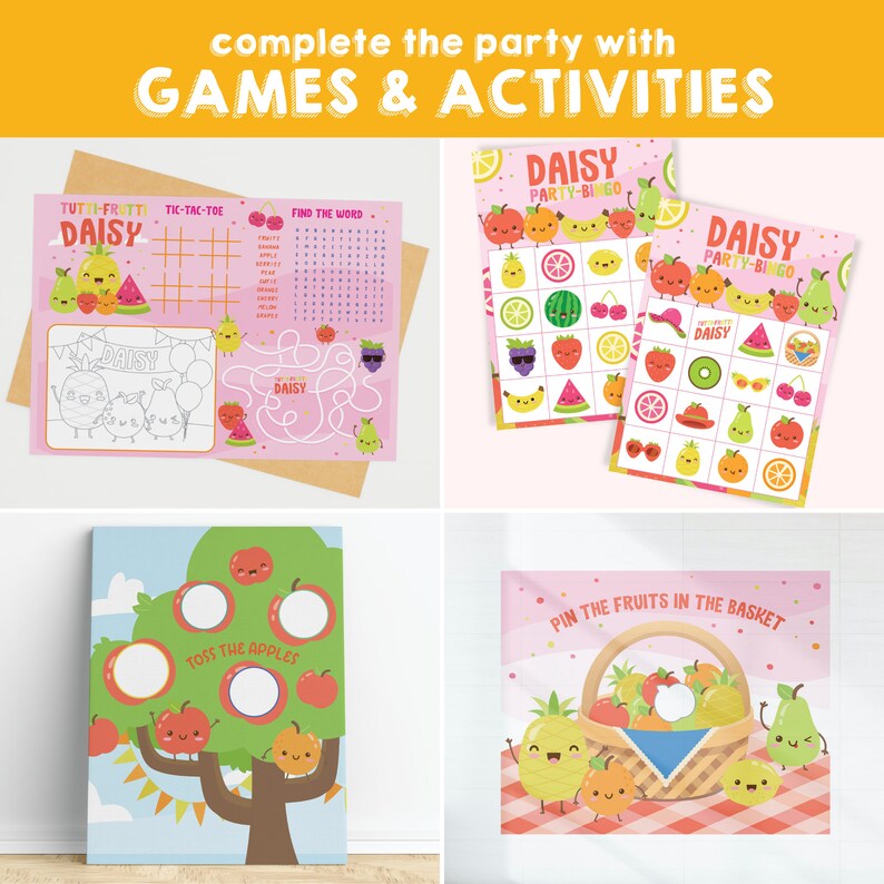 Kids Party Printable Kit for a tropical summer birthday bash, ideal for tutti Frutti baby shower and Twotti Frutti party.