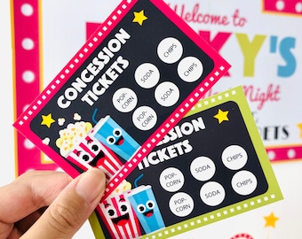 May include: Two red and green concession ticket cards with a movie theme. The cards have a cartoon image of popcorn and a soda cup. The cards have circles with the words "Pop-Corn", "Soda", and "Chips" on them.