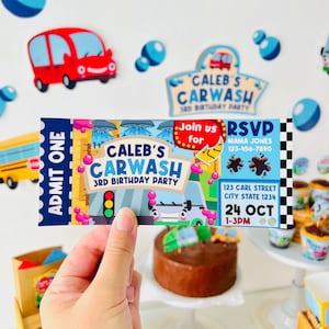 Car wash ticket birthday invitation printable with colorful cars bubbles foam design and editable kids party admission pass layout