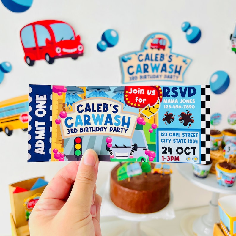 Car wash ticket birthday invitation printable with colorful cars bubbles foam design and editable kids party admission pass layout