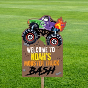 Monster truck birthday yard sign, DIY big rigs prop for boys’ party, sign display at birthday party entrance.