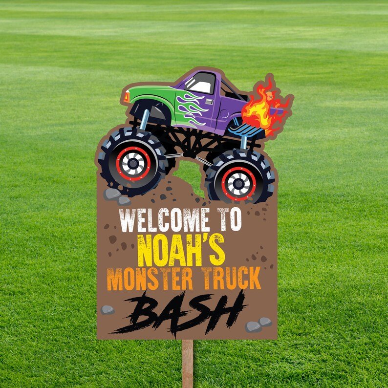 Monster truck birthday yard sign, DIY big rigs prop for boys’ party, sign display at birthday party entrance.