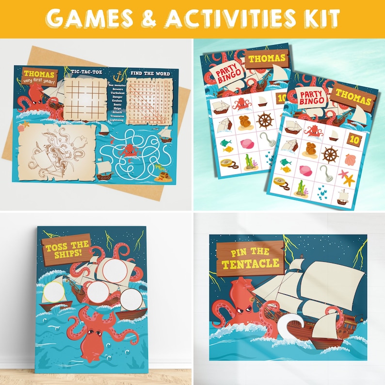 Kraken Birthday Party Octopus Pirates Party Games Party Activity Bingo Coloring Activity Sheet Pin Game Tossing Game