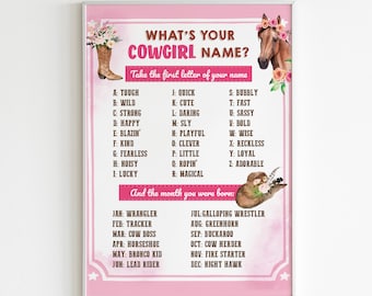 Può includere: Un poster stampabile rosa e bianco a tema cowgirl. Il poster ha un titolo che dice "Qual è il tuo nome da cowgirl?" e istruzioni per "Prendere la prima lettera del tuo nome". Il poster elenca una varietà di aggettivi e le loro lettere corrispondenti. Il poster ha anche una sezione che dice "E il mese in cui sei nato:" e elenca i mesi dell'anno con un nome da cowgirl corrispondente.