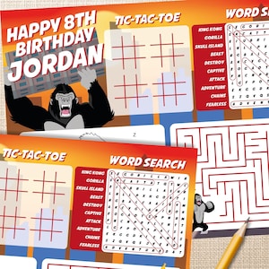 King Kong Coloring Activity Place Mat, Planet of the Apes Party Game, Party Activity for kids, Gorilla Birthday Coloring Page, Jungle Party Coloring Sheet, Word Search, Kids Coloring, Tic Tac Toe, Maze