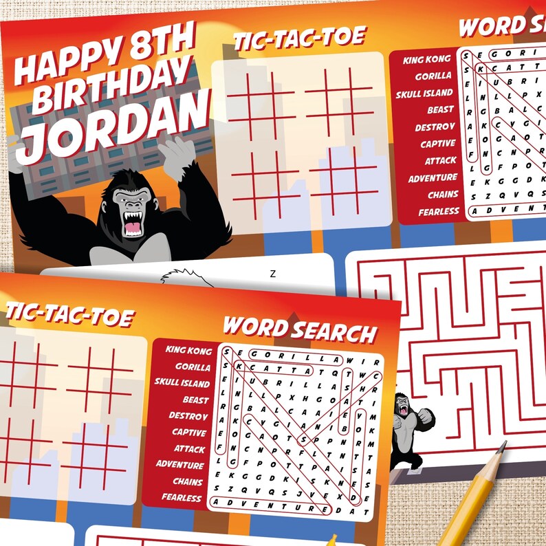 King Kong Coloring Activity Place Mat, Planet of the Apes Party Game, Party Activity for kids, Gorilla Birthday Coloring Page, Jungle Party Coloring Sheet, Word Search, Kids Coloring, Tic Tac Toe, Maze