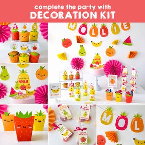 May include: A fruit-themed party decoration kit with a pink, yellow, and green color scheme. The kit includes a banner with the name "Mollie", cupcake toppers, favor bags, and other decorations. The kit is perfect for a birthday party or other celebration.