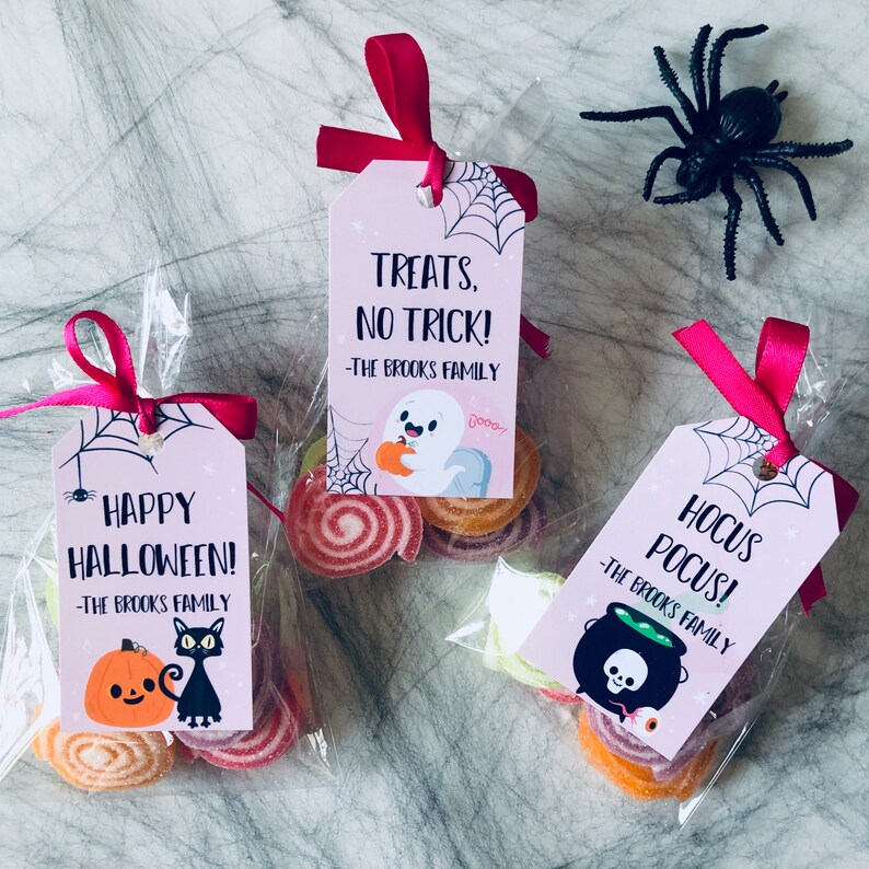 May include: Three pink and white Halloween treat bags with candy and tags. The tags have different Halloween sayings: "Happy Halloween! -The Brooks Family", "Treats, No Trick! -The Brooks Family", and "Hocus Pocus! -The Brooks Family".