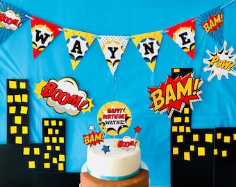 Banner festa ragazzo supereroe / Ghirlanda festa per bambini supereroe / Banner festa supereroe MODIFICABILE stampabile