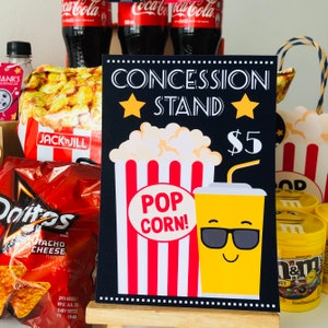 Concession Stand Sign for Movie Night Party, Hollywood cinema concession stand printable decor with popcorn and soda graphics