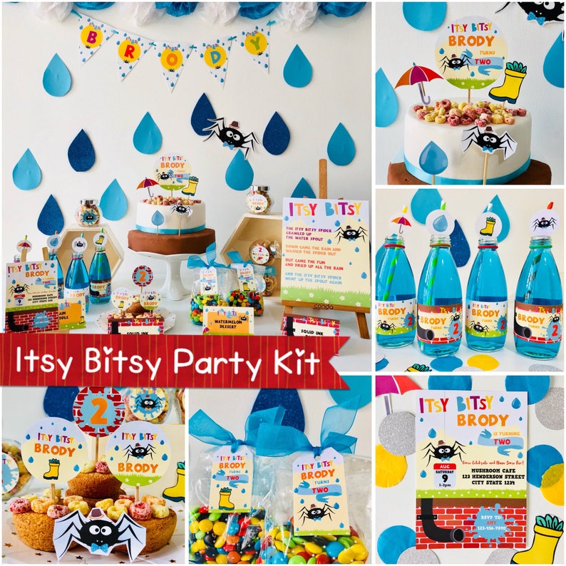 May include: Itsy Bitsy Spider themed party decorations for a child's second birthday. The decorations include a cake, water bottles, favor bags, and a sign with the lyrics to the Itsy Bitsy Spider song. The colors are blue, red, yellow, and black.