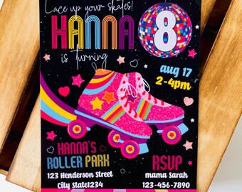 May include: A colorful invitation for a roller skating party for an 8-year-old girl named Hanna. The invitation features a disco ball, roller skates, and rainbow colors. The party is at Hanna's Roller Park on August 17th from 2-4pm. RSVP to mama sarah at 123-456-7890.
