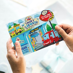 A colourful invitation for a car wash themed birthday party. The invitation features a cartoon car, a school bus, and a car wash sign that says "Caleb's Carwash 3rd Birthday Party". The invitation also includes the date, time, and address of the party.