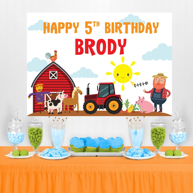 Old MacDonalds Farm Birthday Backdrop/ Animal Farm Barnyard Backdrop/ Tractor Backdrop Birthday Banner Party Decorations