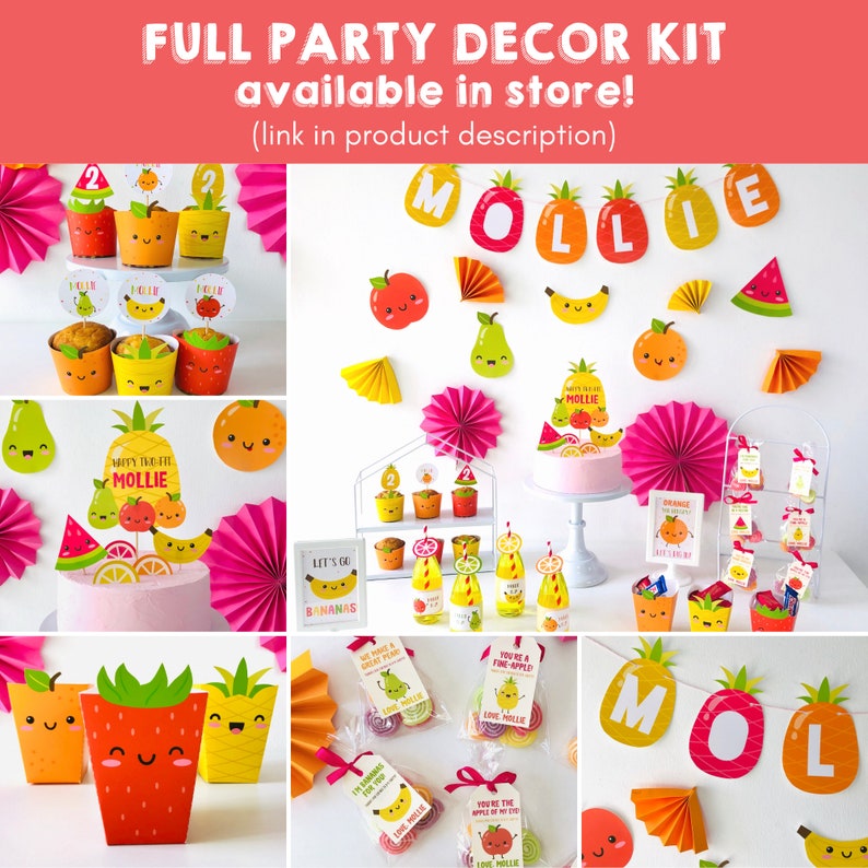 Editable Twotti Frutti food label signs printable featuring fruit puns for summer birthday party decor, styled on a bright and playful snack table