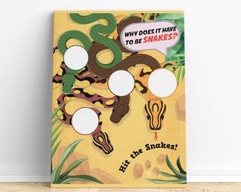 May include: A yellow and brown snake with a red tongue is wrapped around a green snake. The snakes are on a yellow background with green plants. The text "Why does it have to be snakes?" is in a speech bubble above the snakes. The text "Hit the snakes!" is below the snakes.