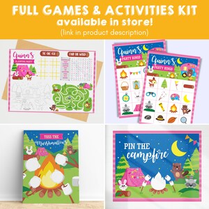 May include: A printable camping party game kit with pink and blue accents. The kit includes games such as tic-tac-toe, find the word, party bingo, toss the marshmallows, and pin the campfire. The games feature cute woodland animals such as bunnies, raccoons, and bears.