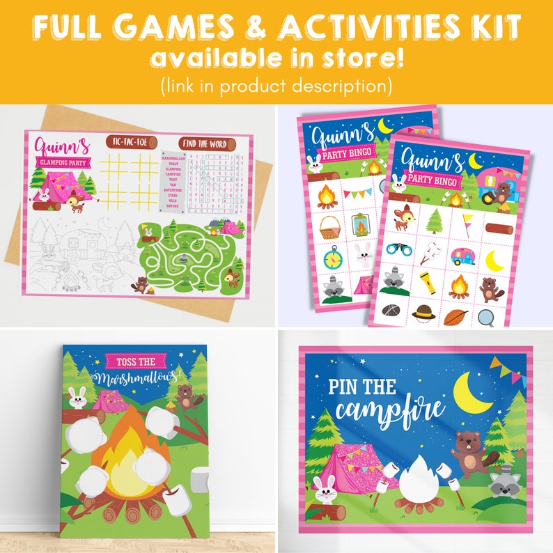 May include: A printable camping party game kit with pink and blue accents. The kit includes games such as tic-tac-toe, find the word, party bingo, toss the marshmallows, and pin the campfire. The games feature cute woodland animals such as bunnies, raccoons, and bears.