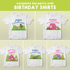May include: Five white t-shirts with a camping theme. The shirts feature the text "papa of the happy camper", "mama of the happy camper", "happy camper Quinn", "brother of the happy camper", and "sister of the happy camper".