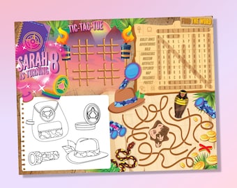 May include: A printable party game for a child's birthday. The game features a tic-tac-toe board, a word search, and a maze. The theme is an adventure with a jungle and Egyptian motif. The text on the game says "Sarah is turning 8".