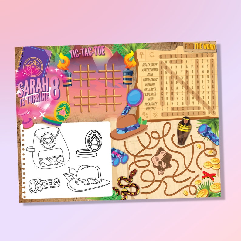Ridley Jones Party Game Activity Coloring Place Mat/ Indiana Jones Girl Party Activity Sheet Coloring Sheet Games Night Printable
