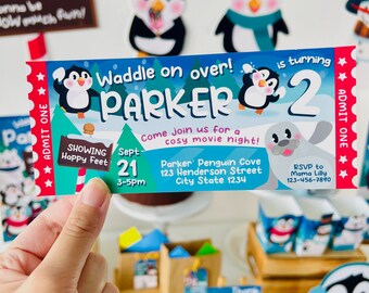 Penguin Movie Ticket Invitation, Winter Wonderland Party (EDITABLE Printable)