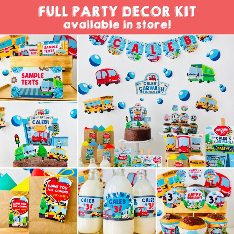 A car wash themed birthday party decoration kit with blue and red accents. The kit includes a banner, cupcake toppers, favour bags, and milk bottle labels. The banner says "Caleb's Carwash 3rd Birthday Party".
